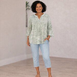 Ruby Rd Pullover Blouse Petite Large Casual Pullover Top Buttons Sage White NTW